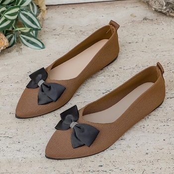 Πλατ παπούτσια με μυτερό δάχτυλο, Fly-Knit επάνω, slip-on, με φιόγκο, διαπνοή καθημερινά πλεκτά παπούτσια