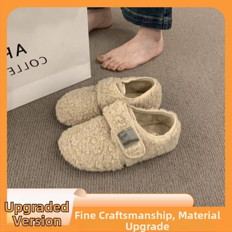 Sieviešu plakanās kurpes ar mākslīgu pūkaino apdari ārpusē un iekšpusē, Velcro aizdare, gumijas zole, zems papēdis