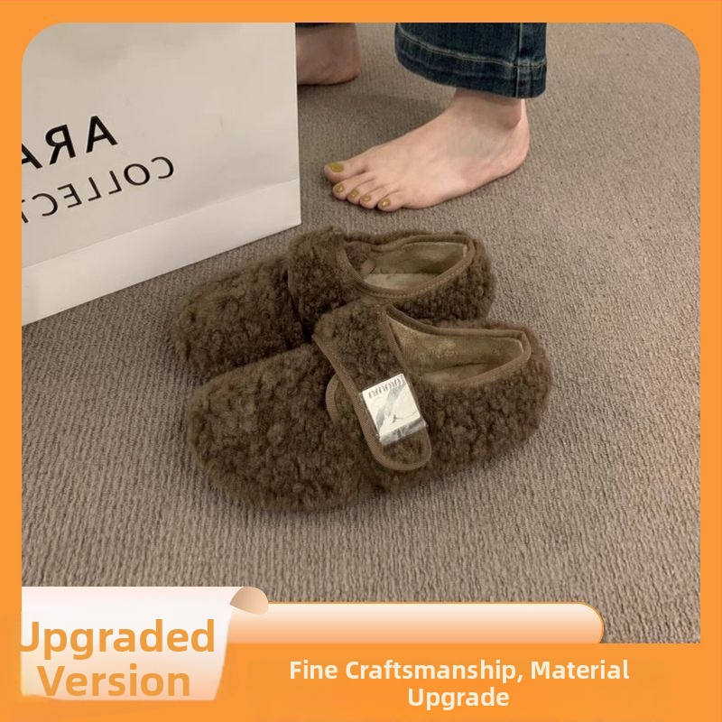 Sieviešu plakanās kurpes ar mākslīgu pūkaino apdari ārpusē un iekšpusē, Velcro aizdare, gumijas zole, zems papēdis