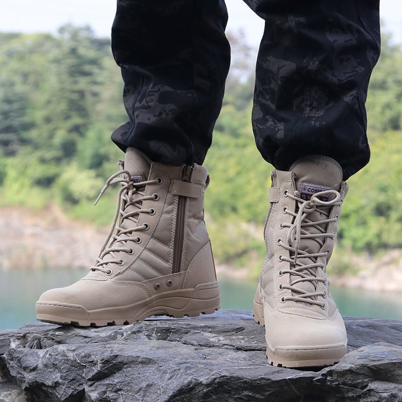 Ārējās taktiskās zābaki, augsti, ūdensizturīgi, pretslīdes gumijas zole, PU augšpuse, iekšējā āda