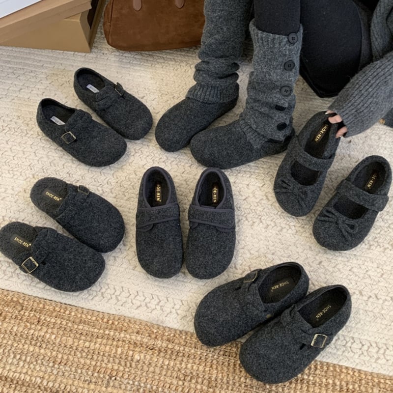 Sieviešu kokvilnas kurpes ar mākslīgu pūka iekšējo apdari, zems papēdis 1-3 cm, apaļš purns, gumijas zole, vienkrāsains raksts