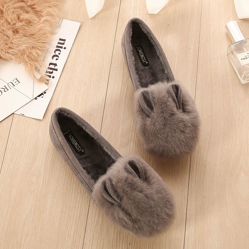 Ženske loaferice s ušima zeca, gornji dio od nubuka, unutarnja pliš, debela potplata, niski podnož 1–3 cm