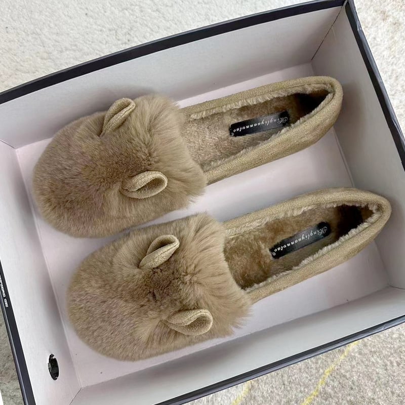 Ženske loaferice s ušima zeca, gornji dio od nubuka, unutarnja pliš, debela potplata, niski podnož 1–3 cm