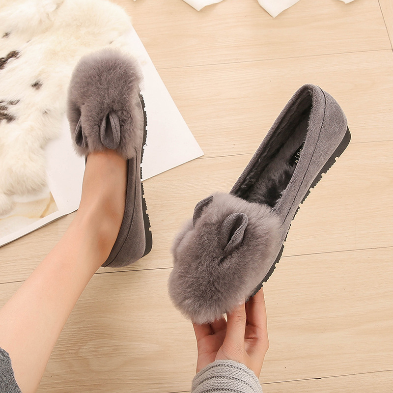 Ženske loaferice s ušima zeca, gornji dio od nubuka, unutarnja pliš, debela potplata, niski podnož 1–3 cm
