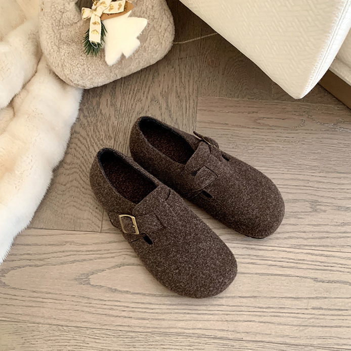 Ženske retro slip-on cipele u Birkenstock stilu, EVA gornji dio i potplat, ulošak od umjetne krzna, zaobljeni vrh, niski gornji dio, plosnata peta