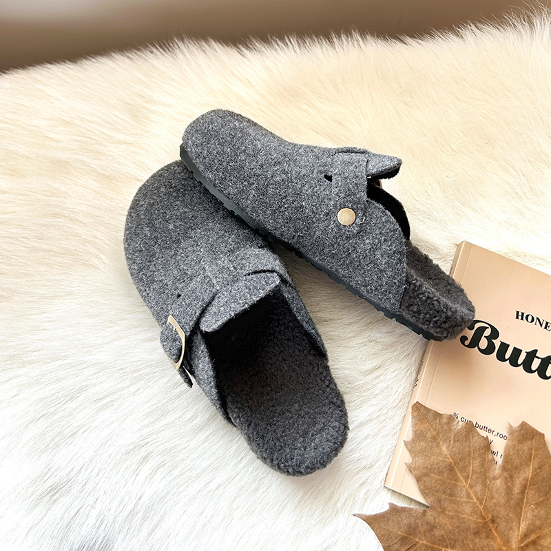 Ženske retro slip-on cipele u Birkenstock stilu, EVA gornji dio i potplat, ulošak od umjetne krzna, zaobljeni vrh, niski gornji dio, plosnata peta