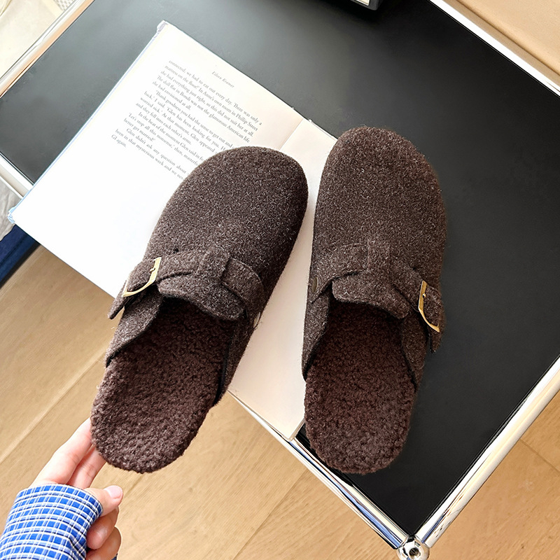 Ženske retro slip-on cipele u Birkenstock stilu, EVA gornji dio i potplat, ulošak od umjetne krzna, zaobljeni vrh, niski gornji dio, plosnata peta