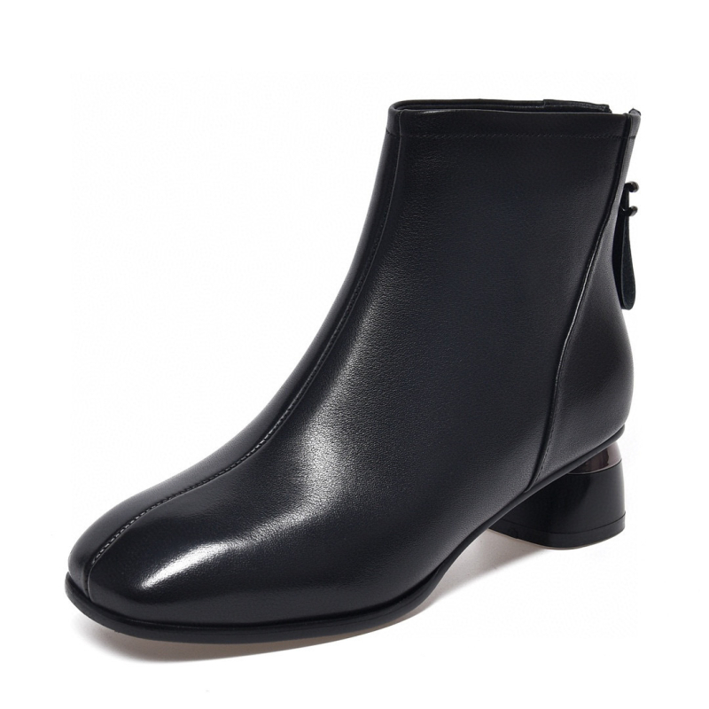 Ženske modne čizme - Kvadratni vrh prsta, Visok pet 6–8 cm, Stražnji zip, Dvoslojni gornji dio od bikove kože, Unutarnja podstava od umjetne vune