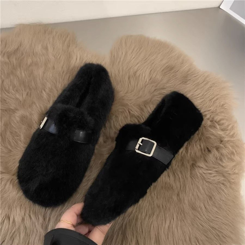 Sievietēm pūkainas slip-on kurpes bez pirkstiem, augšējā daļa no mākslīgā pūļa, gumijas zole, zems kaķa papēdis, animācijas raksts