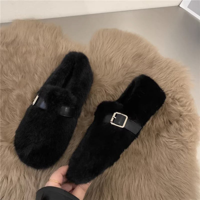 Sievietēm pūkainas slip-on kurpes bez pirkstiem, augšējā daļa no mākslīgā pūļa, gumijas zole, zems kaķa papēdis, animācijas raksts