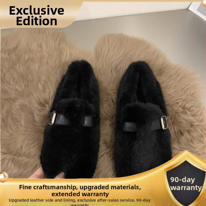 Sievietēm pūkainas slip-on kurpes bez pirkstiem, augšējā daļa no mākslīgā pūļa, gumijas zole, zems kaķa papēdis, animācijas raksts