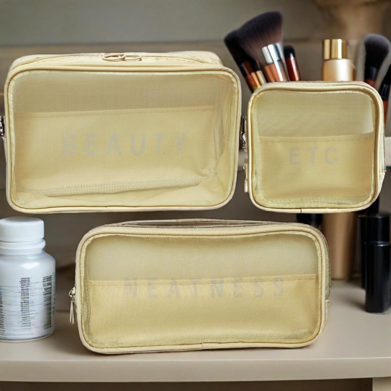 Козметична чанта за пътуване с паметна материя и фина мрежа, дишаща и преносима, с цип — идеална за съхранение на четки за грим и червила
