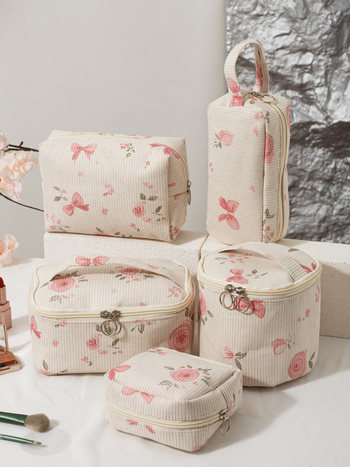 Козметична чанта – портативна, флорален принт, мултифункционално съхранение; материал Corduroy; подплата Polyester; подходяща за домашно ползване