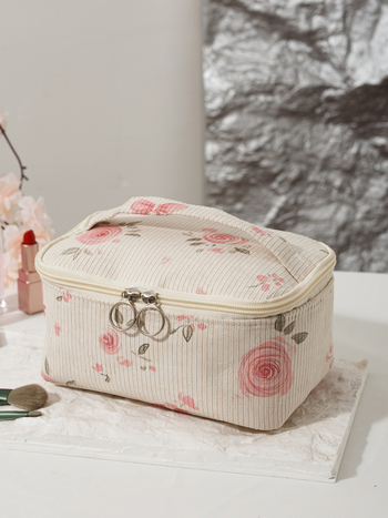 Козметична чанта – портативна, флорален принт, мултифункционално съхранение; материал Corduroy; подплата Polyester; подходяща за домашно ползване