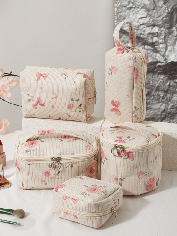 Козметична чанта – портативна, флорален принт, мултифункционално съхранение; материал Corduroy; подплата Polyester; подходяща за домашно ползване