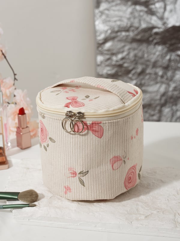 Козметична чанта – портативна, флорален принт, мултифункционално съхранение; материал Corduroy; подплата Polyester; подходяща за домашно ползване