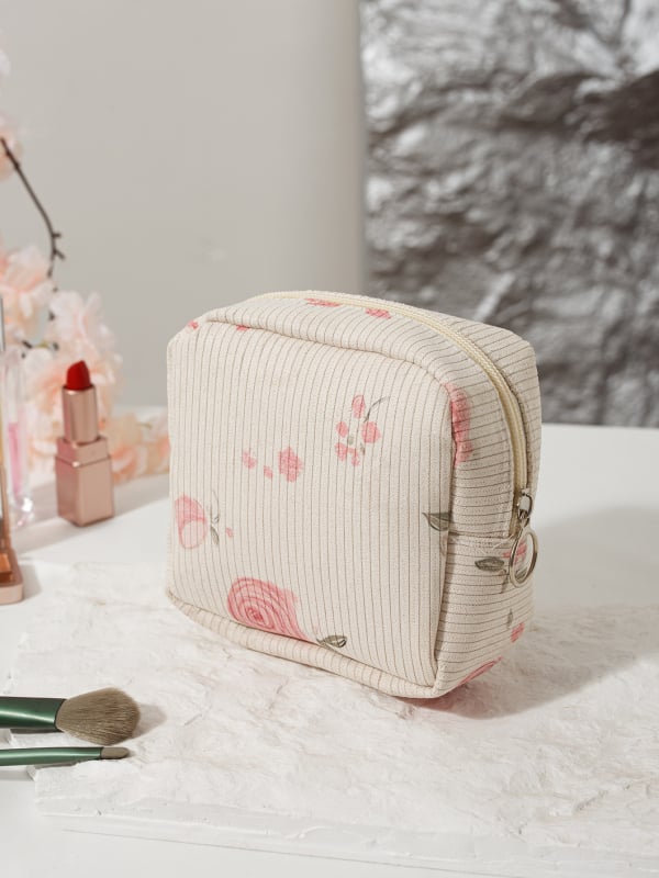 Козметична чанта – портативна, флорален принт, мултифункционално съхранение; материал Corduroy; подплата Polyester; подходяща за домашно ползване