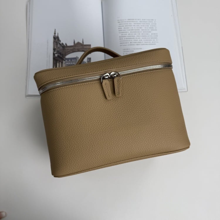 Козметична чанта от кожа от първи слой, портативен несесер за пътуване, стил урбан минимализъм, подплата от плат, едноцветен модел