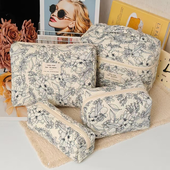 Козметична чанта за ежедневна употреба, памук, флорална шарка, подплата полиестер, затваряне с флип капак, за жени, голям капацитет