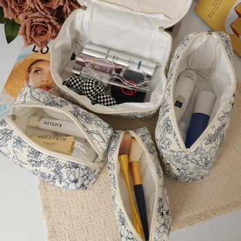 Козметична чанта за ежедневна употреба, памук, флорална шарка, подплата полиестер, затваряне с флип капак, за жени, голям капацитет