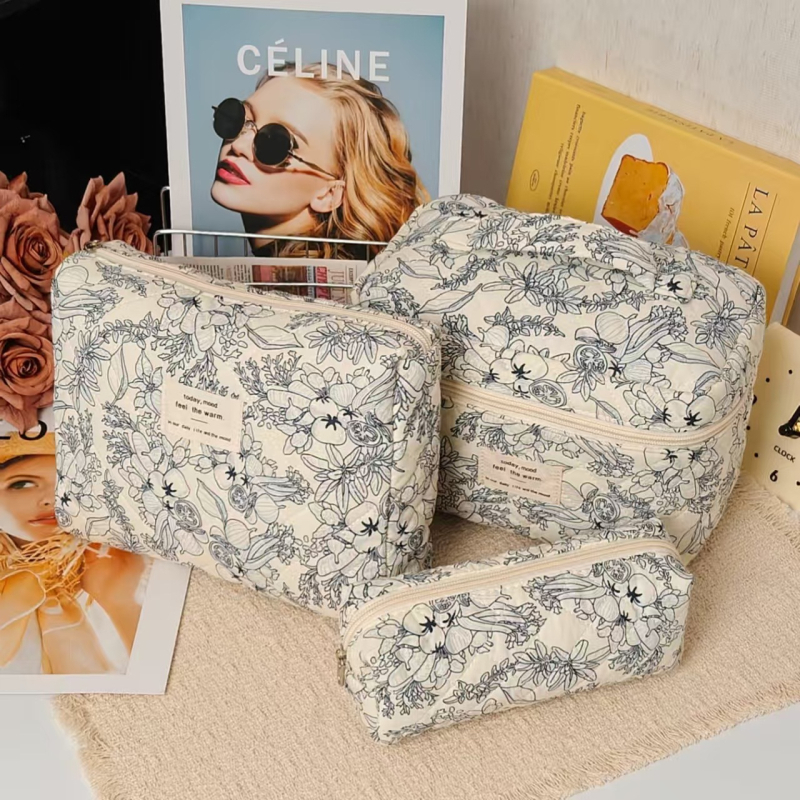 Козметична чанта за ежедневна употреба, памук, флорална шарка, подплата полиестер, затваряне с флип капак, за жени, голям капацитет