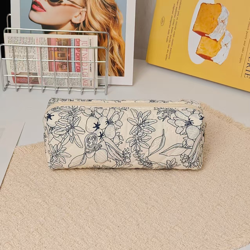 Козметична чанта за ежедневна употреба, памук, флорална шарка, подплата полиестер, затваряне с флип капак, за жени, голям капацитет