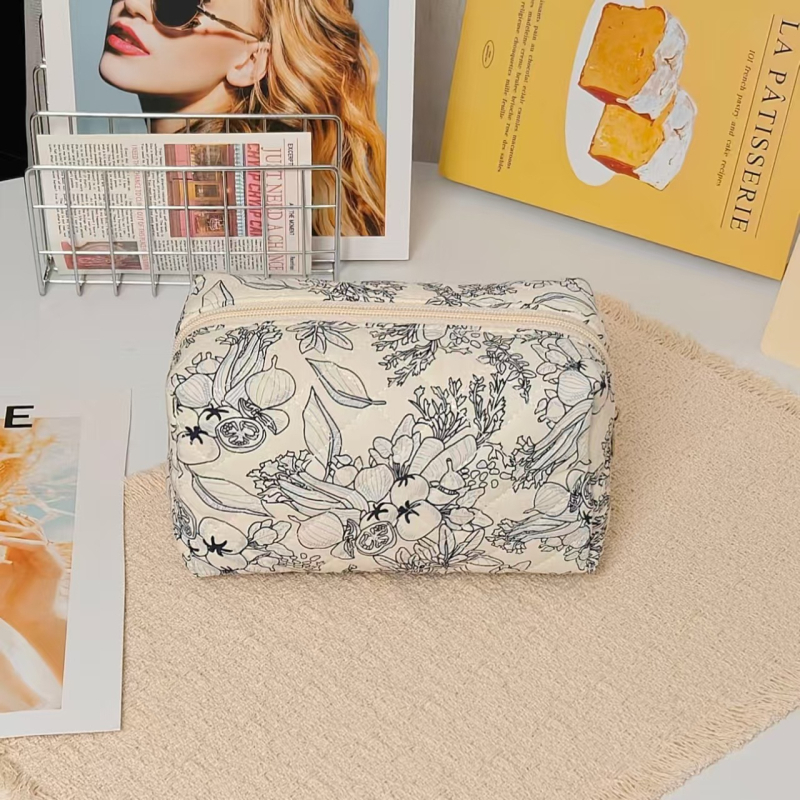 Козметична чанта за ежедневна употреба, памук, флорална шарка, подплата полиестер, затваряне с флип капак, за жени, голям капацитет