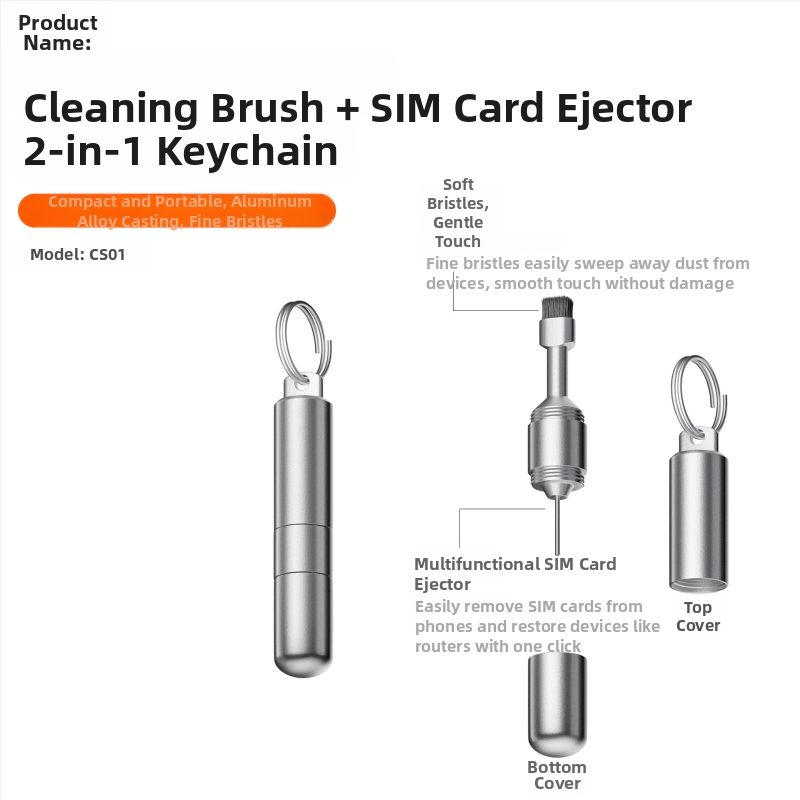 Perie de curățare pentru telefoane cu peri scurți duri, PIN de eliminare SIM, breloc și extractor portabil multifuncțional pentru carduri