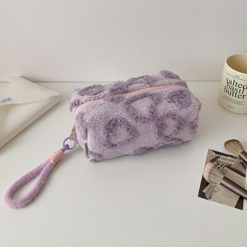 Плюшена чанта за козметика със цип, сърцевиден дизайн, подплата от полиестер, подходяща за съхранение, за жени, за пътуване