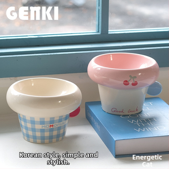 Κεραμικό μπολ με στρογγυλή λαβή, κορεατικού στυλ, μπολ φαγητού και νερού γάτας με υψηλή βάση, υπό γλάσωση