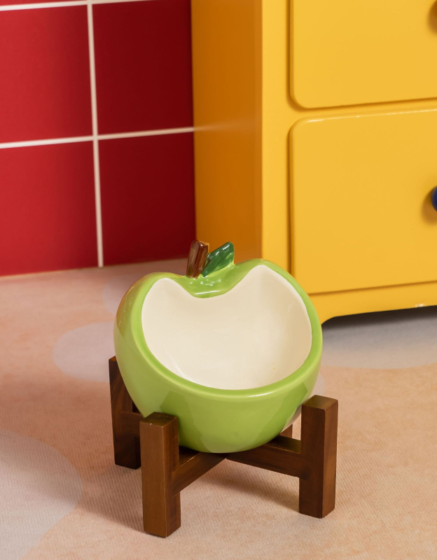 Κεραμικό μπολ γάτας για φαγητό και νερό, μοτίβο μήλου, σχέδιο κατά της ανατροπής