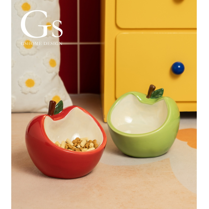 Κεραμικό μπολ γάτας για φαγητό και νερό, μοτίβο μήλου, σχέδιο κατά της ανατροπής