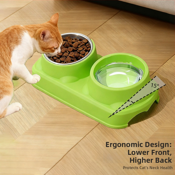 Πλαστικό μπολ φαγητού κατοικίδίων, για γάτες και σκύλους, διπλό μπολ με ενσωματωμένο σχέδιο, αντιολισθητικό, αντιανατροπή