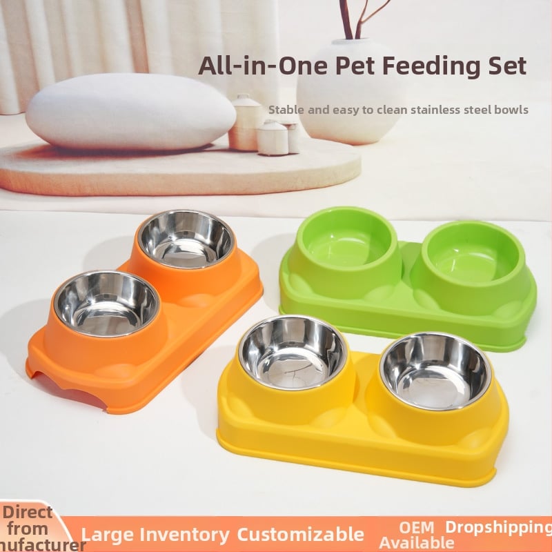 Πλαστικό μπολ φαγητού κατοικίδίων, για γάτες και σκύλους, διπλό μπολ με ενσωματωμένο σχέδιο, αντιολισθητικό, αντιανατροπή