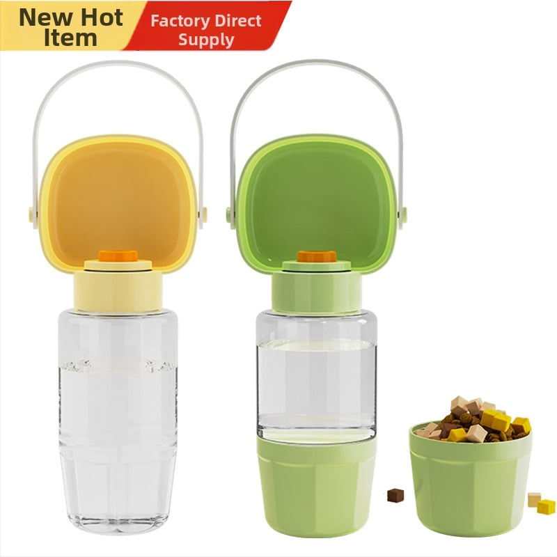 Portatīvā suņu ūdens pudele ar iekļauto krūzi un divfunkcionālu atdalāmo nodalījumu ūdenim un barībai (PP+PC; 50 gab./kaste; Mājas dzīvnieku barošanas rīki)