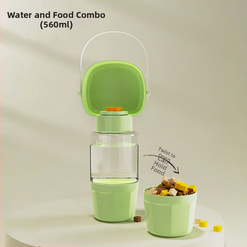 Portatīvā suņu ūdens pudele ar iekļauto krūzi un divfunkcionālu atdalāmo nodalījumu ūdenim un barībai (PP+PC; 50 gab./kaste; Mājas dzīvnieku barošanas rīki)