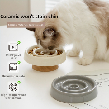Κύπελλο γάτας για αργή σίτιση με στήριξη αυχένα και αντι-πνιγμό, ξύλινο, Xingmi Ceramic