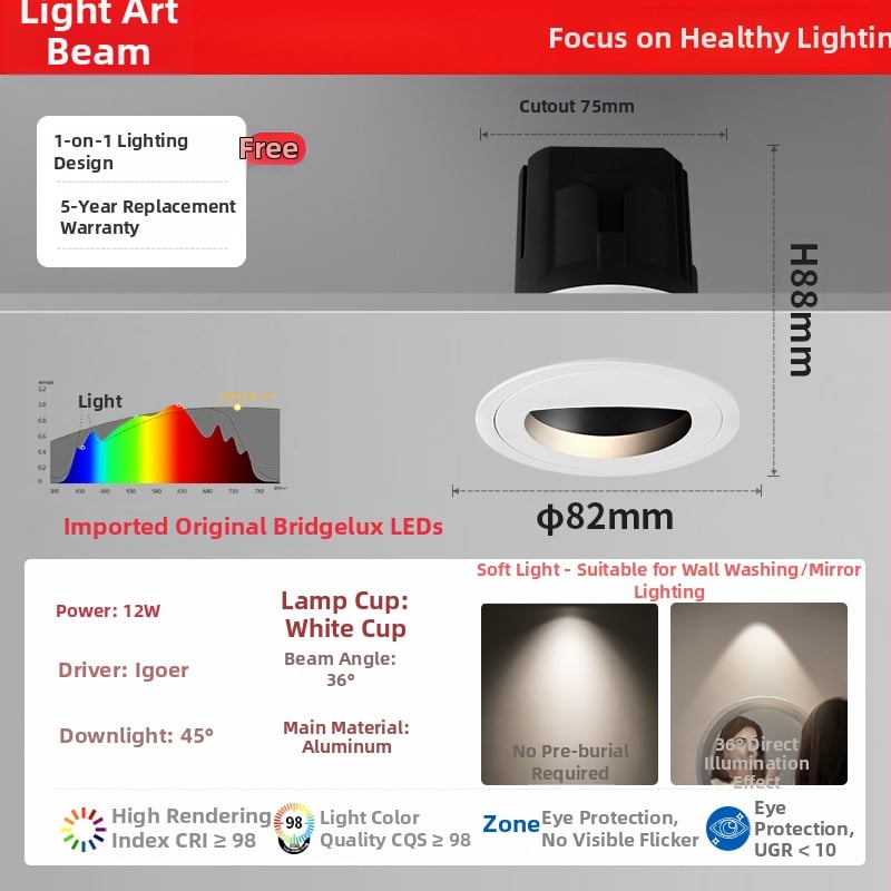 Ενσωματωμένο LED φωτιστικό μπάνιου για καθρέφτη, COB LED, 95+ CRI, 220V, αλουμινένιο περίβλημα, διακόπτης κουμπιού