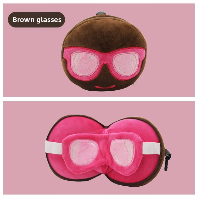 Pernă de călătorie în formă de U, cu mască de ochi încorporată, design cu animal de desen animat, țesătură pluș, umplutură PP bumbac, pentru adulți