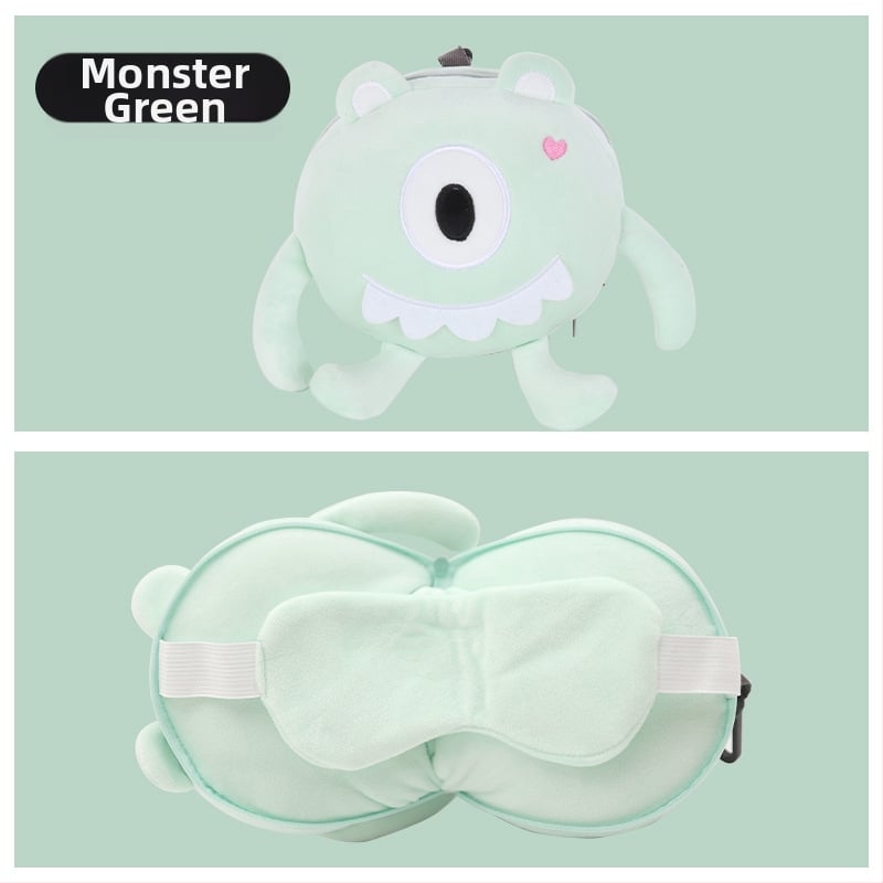 Pernă de călătorie în formă de U, cu mască de ochi încorporată, design cu animal de desen animat, țesătură pluș, umplutură PP bumbac, pentru adulți