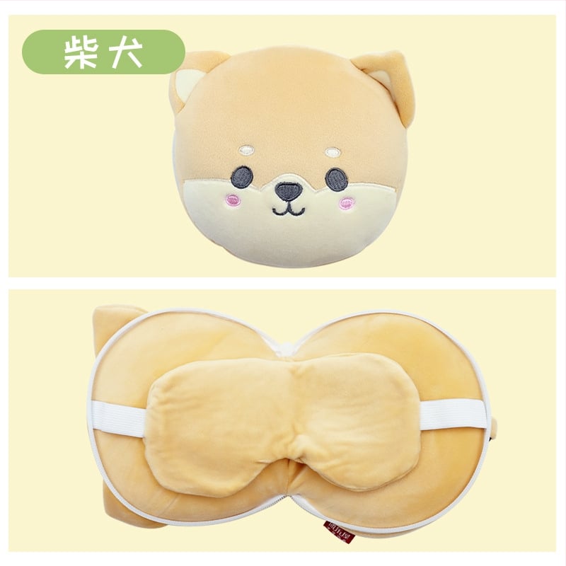 Pernă de călătorie în formă de U, cu mască de ochi încorporată, design cu animal de desen animat, țesătură pluș, umplutură PP bumbac, pentru adulți