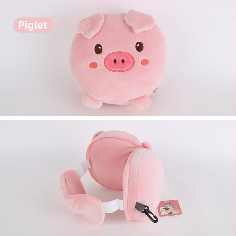 Pernă de călătorie în formă de U, cu mască de ochi încorporată, design cu animal de desen animat, țesătură pluș, umplutură PP bumbac, pentru adulți