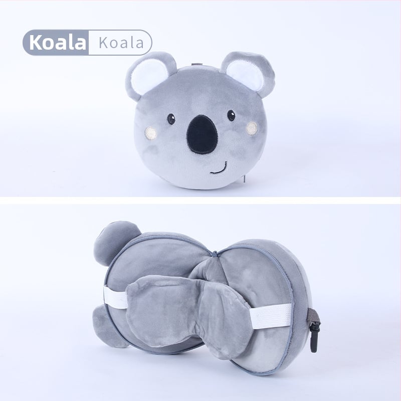 Pernă de călătorie în formă de U, cu mască de ochi încorporată, design cu animal de desen animat, țesătură pluș, umplutură PP bumbac, pentru adulți