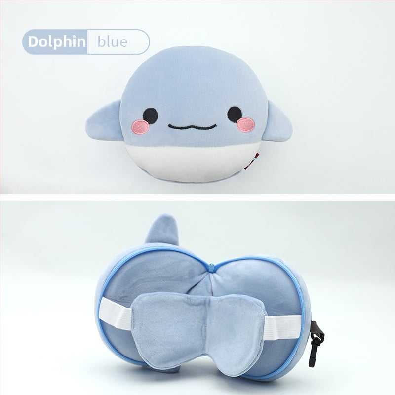 Pernă de călătorie în formă de U, cu mască de ochi încorporată, design cu animal de desen animat, țesătură pluș, umplutură PP bumbac, pentru adulți