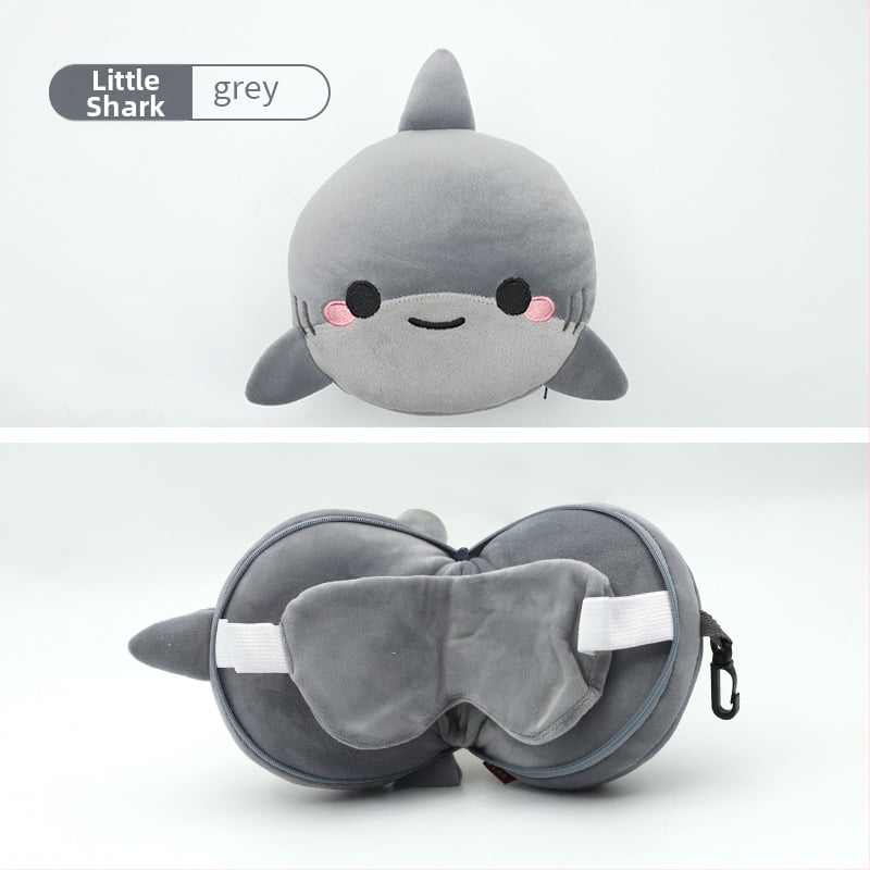Pernă de călătorie în formă de U, cu mască de ochi încorporată, design cu animal de desen animat, țesătură pluș, umplutură PP bumbac, pentru adulți