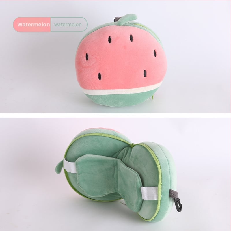 Pernă de călătorie în formă de U, cu mască de ochi încorporată, design cu animal de desen animat, țesătură pluș, umplutură PP bumbac, pentru adulți