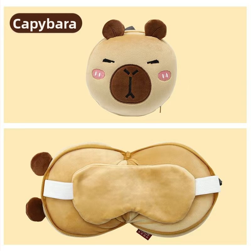 Pernă de călătorie în formă de U, cu mască de ochi încorporată, design cu animal de desen animat, țesătură pluș, umplutură PP bumbac, pentru adulți
