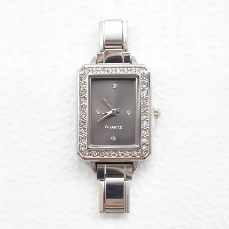 Ceas cu brățară, cadran pătrat, mișcare cuarț, curea din oțel inoxidabil, carcasă din metal, coronă spirală