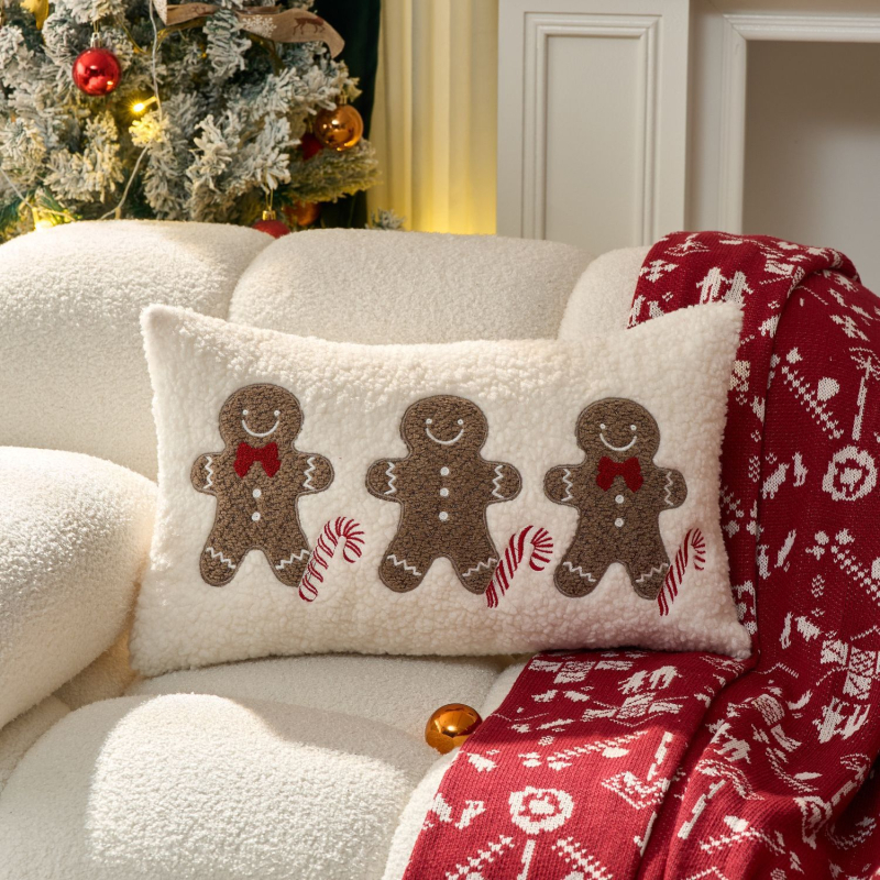 Božićna navlaka za jastuk s izvezenim dizajnom Gingerbread Man i snježne pahulje, materijal pamuk-lin, moguć otisak logotipa