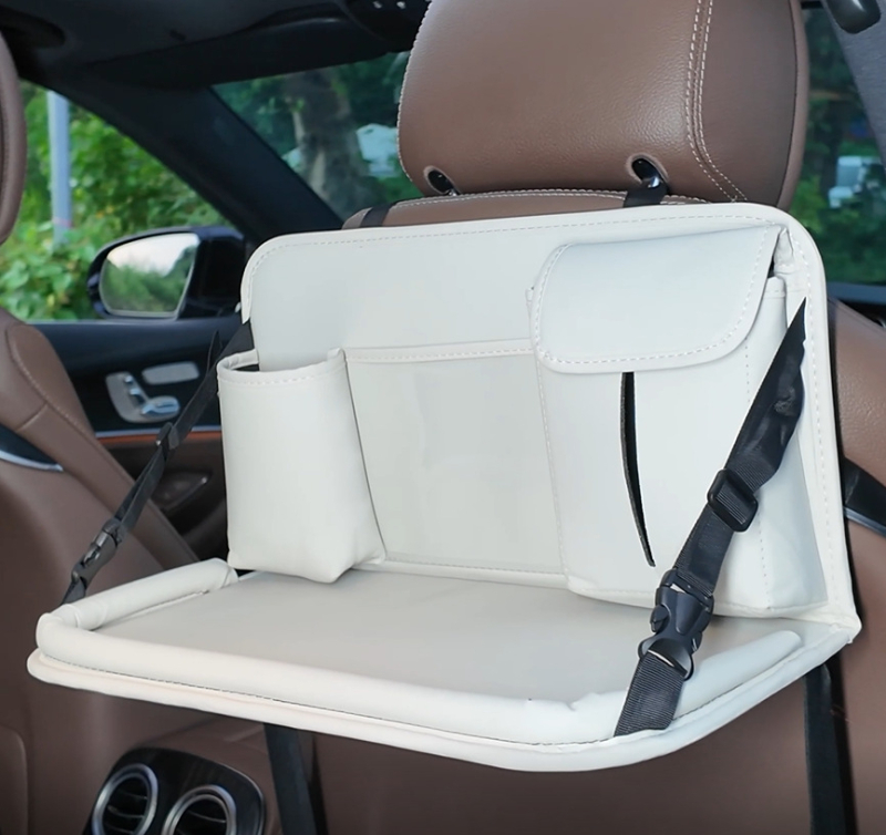 Automobilio galinės sėdynės sulankstomas stalas su didele talpa — daugiafunkcis, skirtas valgyti, mokytis ir naudotis planšetiniu kompiuteriu; odos medžiaga; sieninis montavimas; universalus suderinamumas